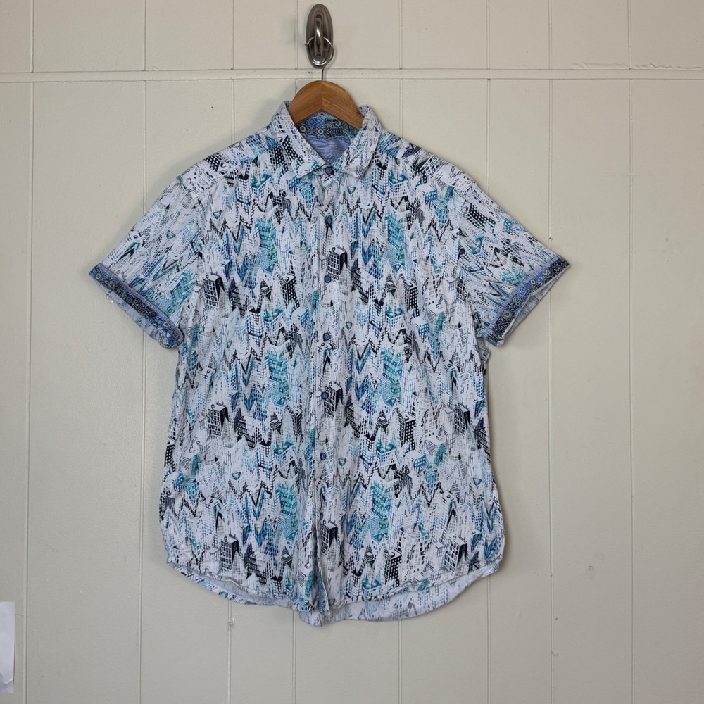 Robert Graham Mens Classic Fit City Skyline Print Short Sleeve Button Shirt L